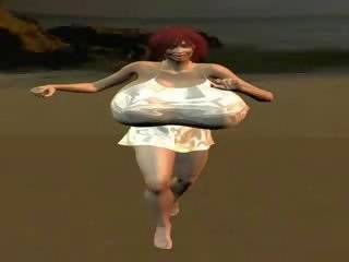 Bigtit 3d kvinne løping på den strand